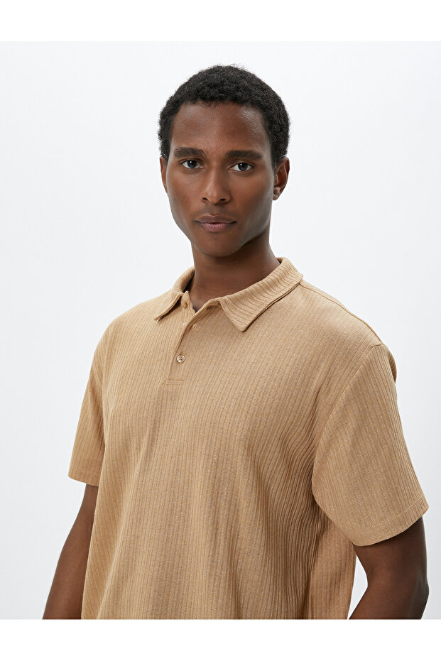 Polo Neck Knitwear T-Shirt Textured Buttons Short Sleeve