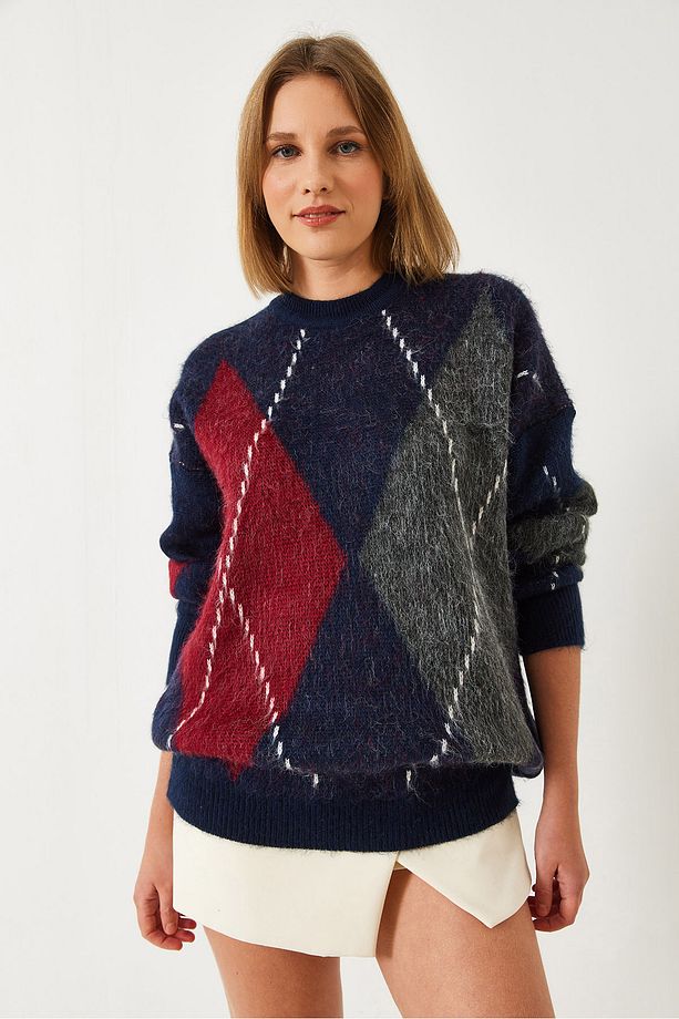 Kadın Baklava Desenli Oversize Triko Kazak 60351284 - 4