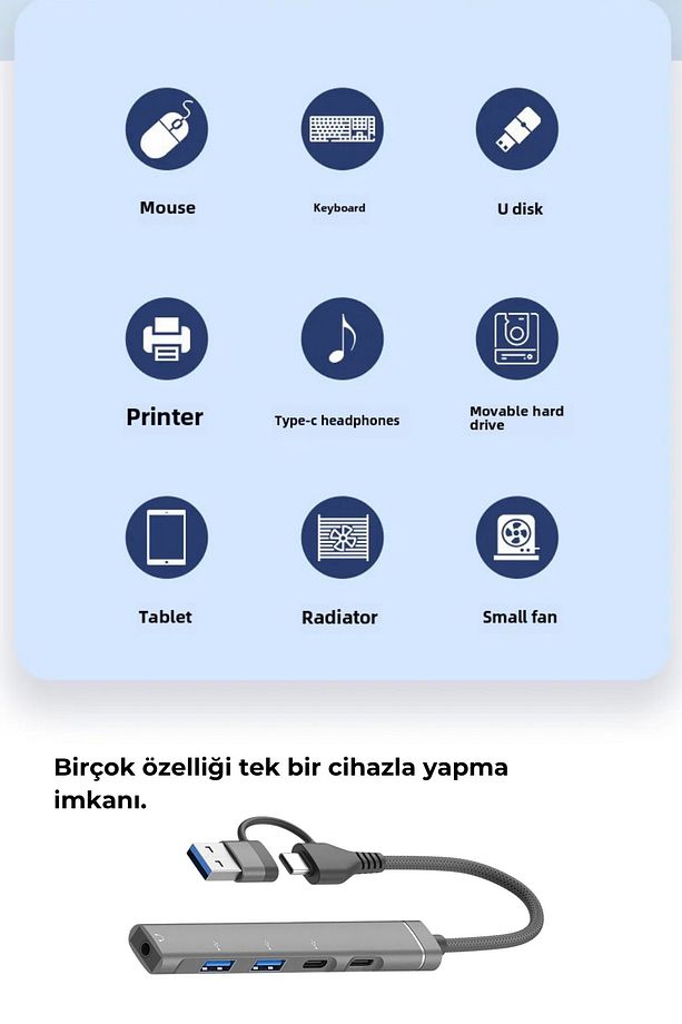 Type-c + Usb Çevirici 5in2 Hub 5 Port PD Typec/Usb/Aux Çoklayıcı Dönüştürücü - 4