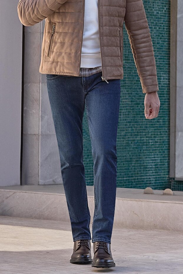 Men's Navy Blue Plain Cotton 5 Pocket Slim Fit Denim Jeans Jean Trousers 1023245155