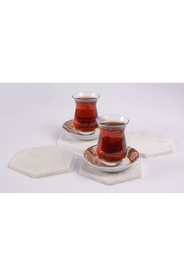 DOĞAL MERMER ALTIGEN ÇAY BARDAK ALTLIĞI 4'LÜ SET 14.5 X 13 X 1 - 2