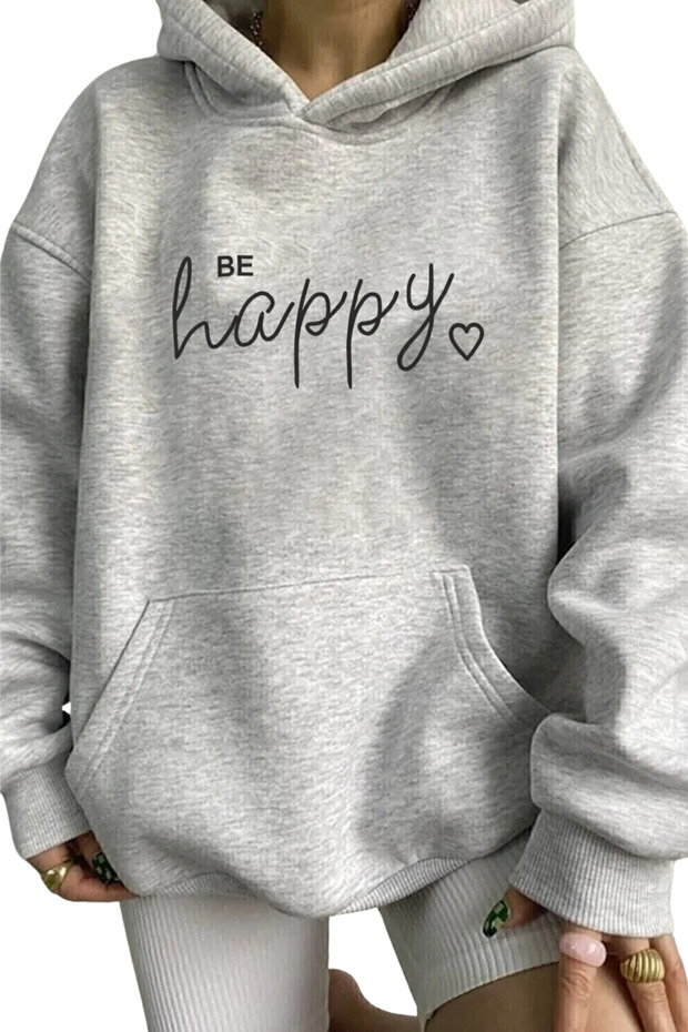 سويت شيرت بغطاء للرأس مطبوع عليه Be Happy