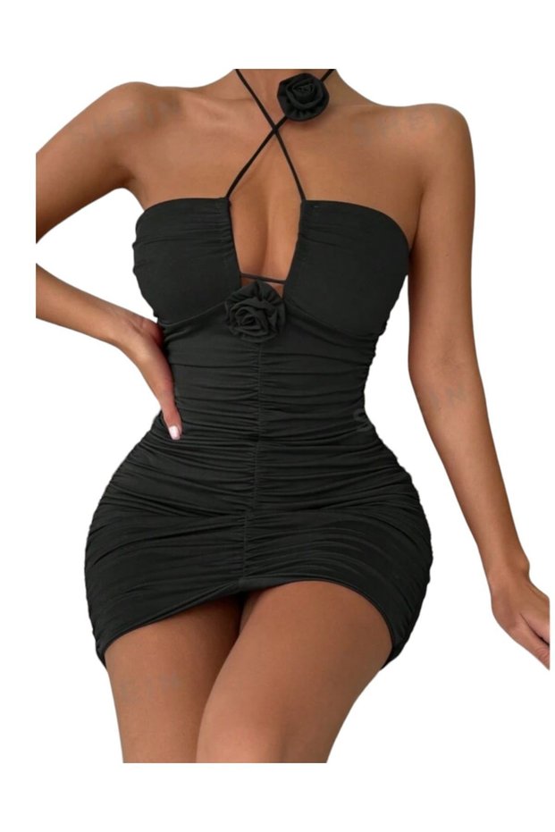 Bodycon Dress with Rose Details, Low-Cut Chest, and Ruched Sides