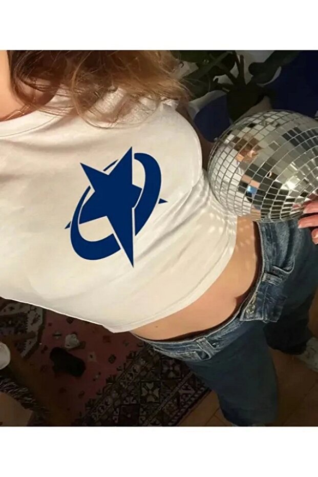 Y2K Blue Star Patterned White Crop Top - Short Sleeve Body T-Shirt