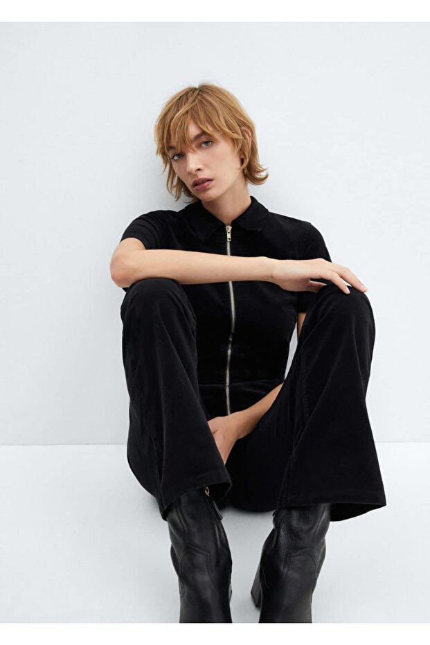 Fermuarlı fitilli kadife tulum - 7