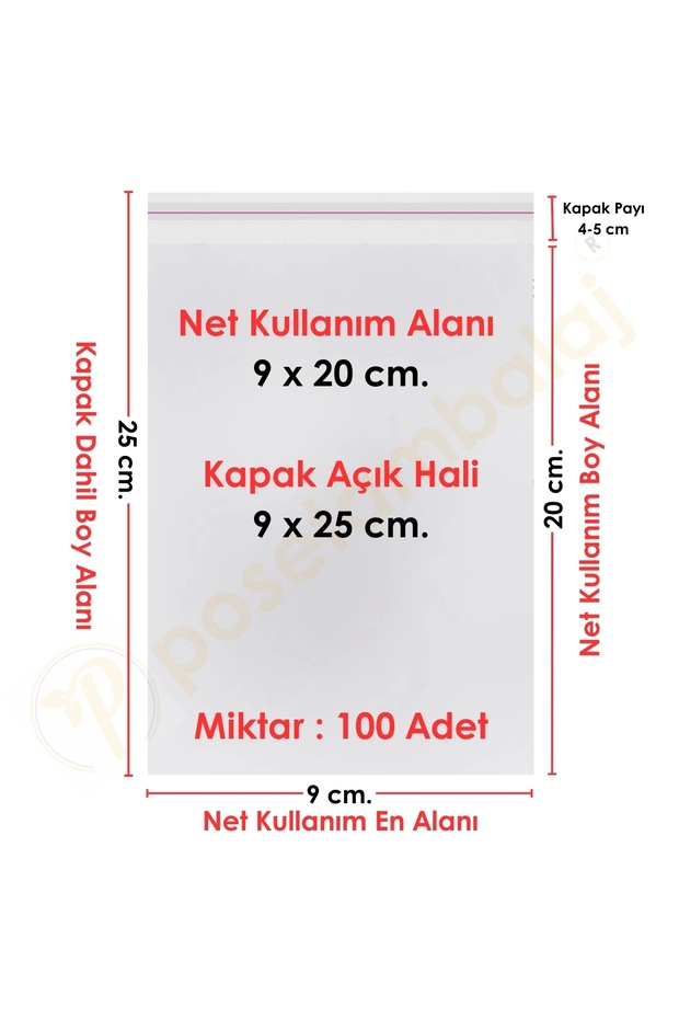 9x20+5 Cm. (9*25) 100 Adet - Şeffaf Bantlı Yapışkanlı Jelatin Poşet - 1