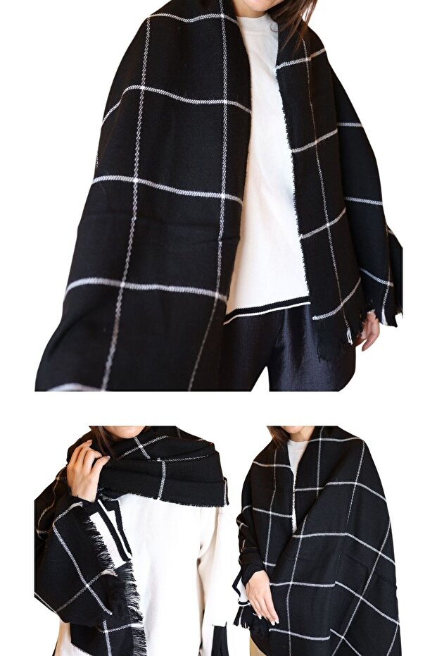 1 Piece Women's Soft Textured Winter Patterned Scarf Shoulder Shawl Black, Suitable for Large Sizes