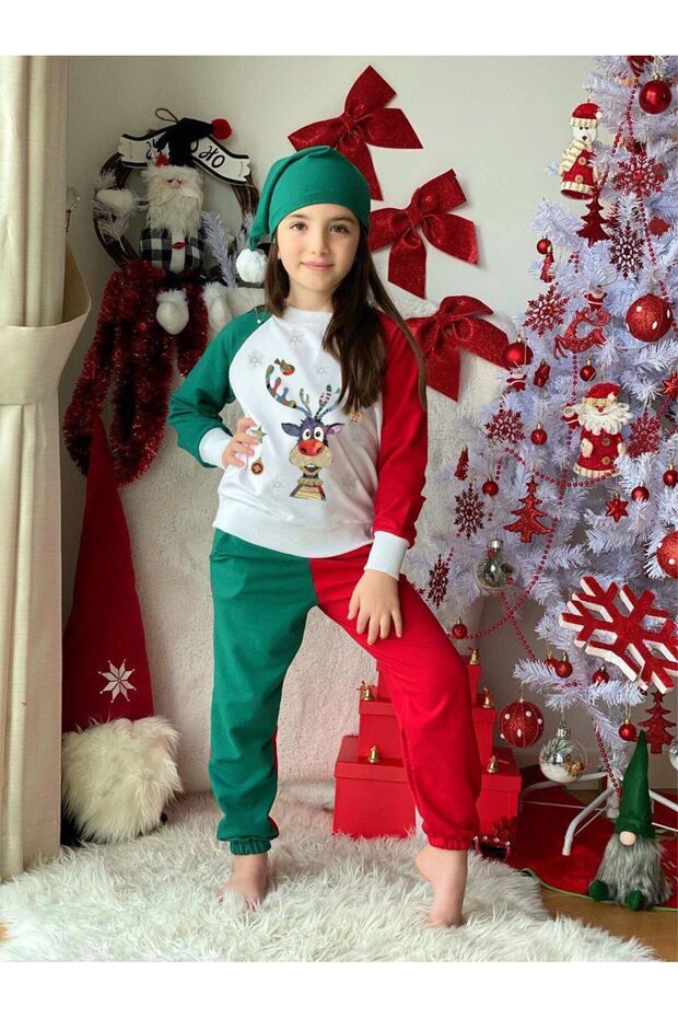 Red & White Kids 3 Piece Set: Baby Deer Suit Pants Tshirt Beret