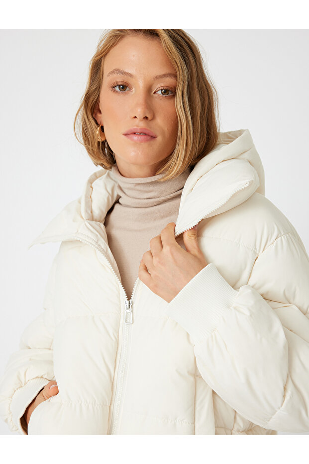 Hooded down Jacket Water Repellent Zippered Stand Collar Pocket