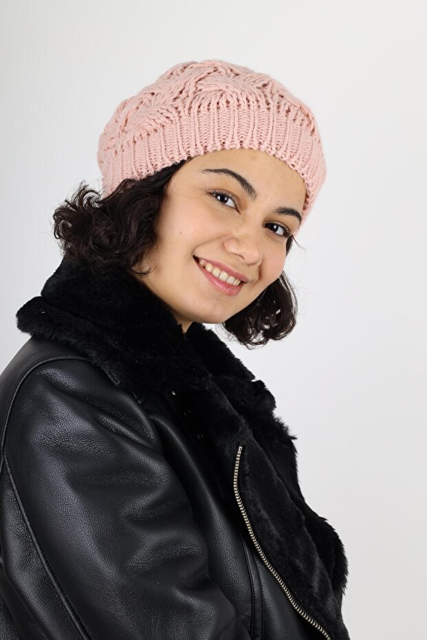 Kadın Kışlık Çift Kat Örme Pembe Bere - 4