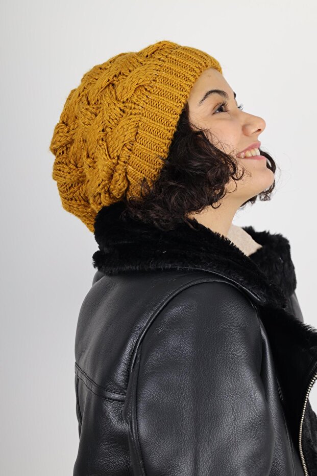 Kadın Kışlık Çift Kat Örme Hardal Bere - 4