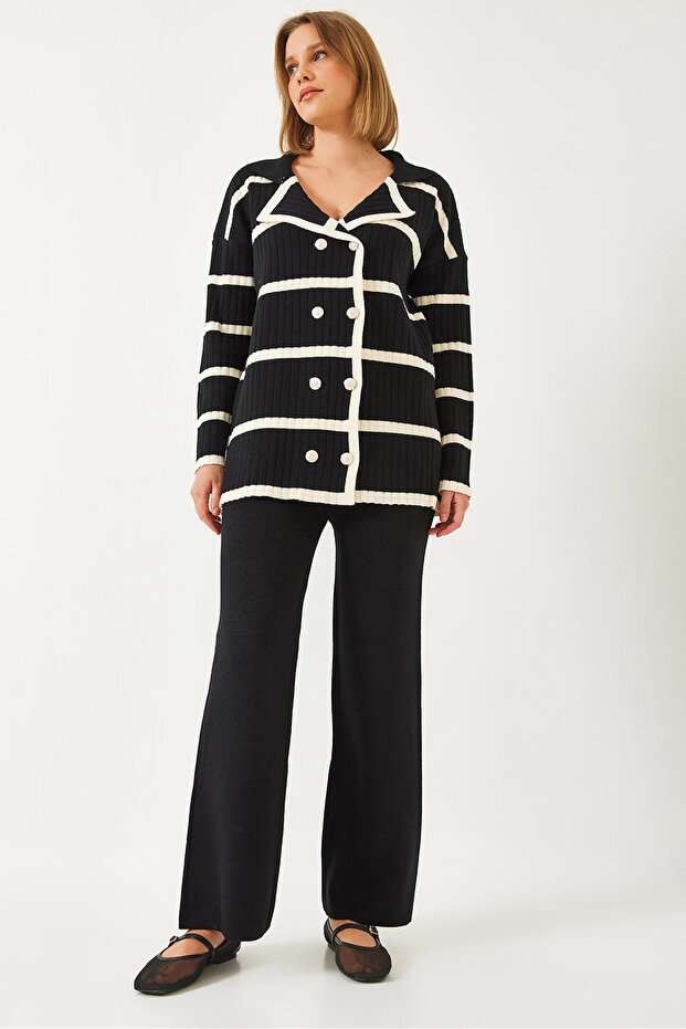 Women's Black Buttoned Patterned Top and Bottom Set 60351374