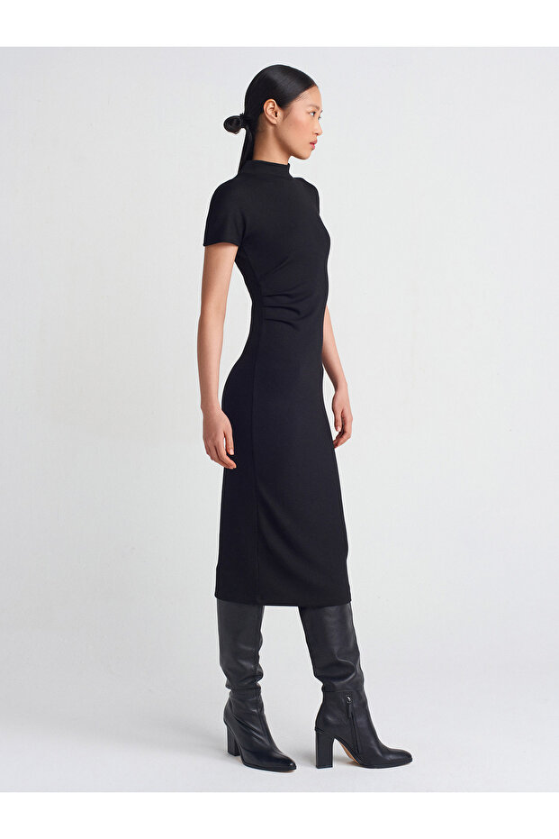 91297 Streç Örme Midi Elbise-Siyah - 1