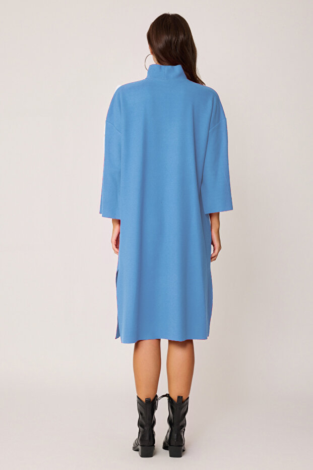 Yanları Yırtmaçlı Boğazlı Örme Elbise - 4