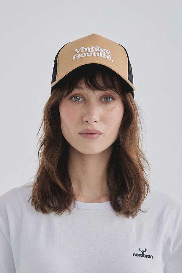 Unisex Camel Vintage Couture Nakış İşlemeli Pamuk Astarlı Kep Şapka File Detaylı Basic Dulbois - 2