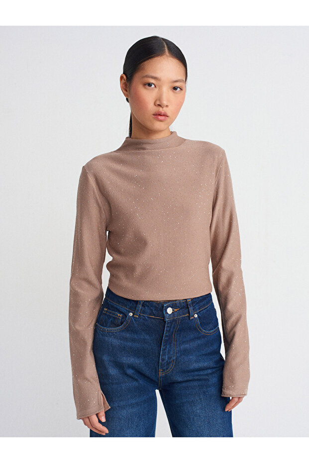 10685 High-Neck Sequined Thin Knit Sweater-Mink