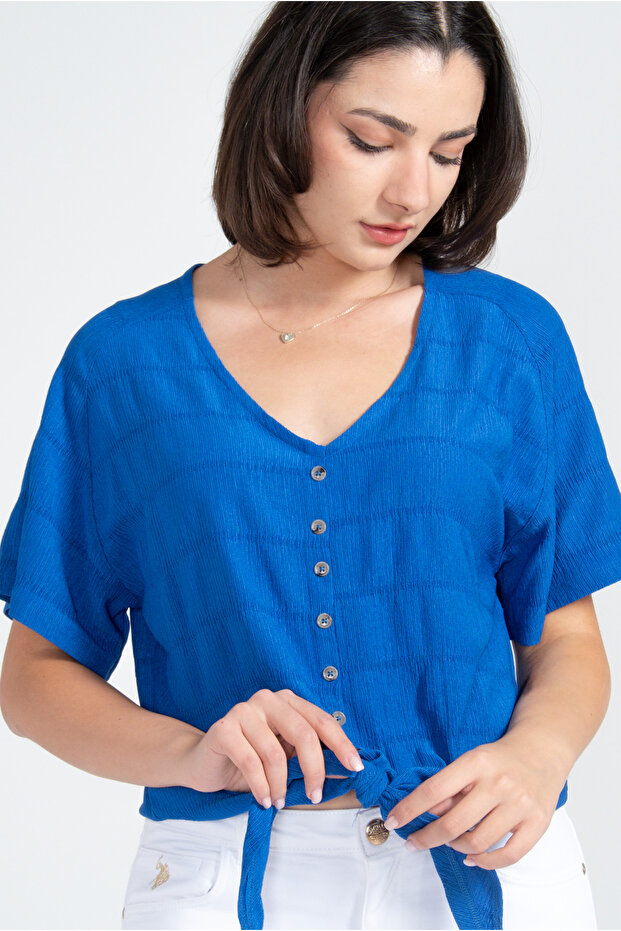 Women's Button Detail V Neck Wrapped Blouse / Blue and Black