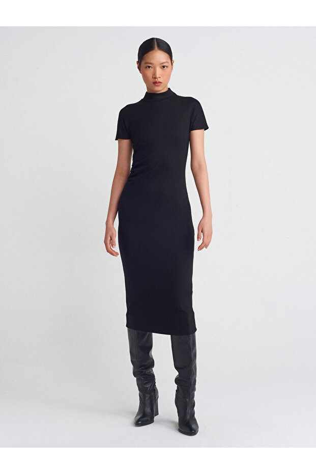 91297 Streç Örme Midi Elbise-Siyah - 3