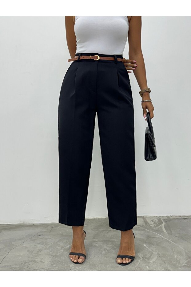 Slim Belted Pocketed Stitched Cuffed Trousers -Black