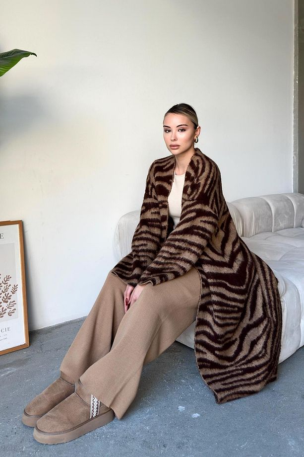 Zebra Desenli Uzun Salaş Triko Hırka KAHVE 8247 - 4