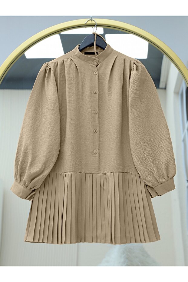 Tie-Waist Half Button Pleated Tunic - Mink