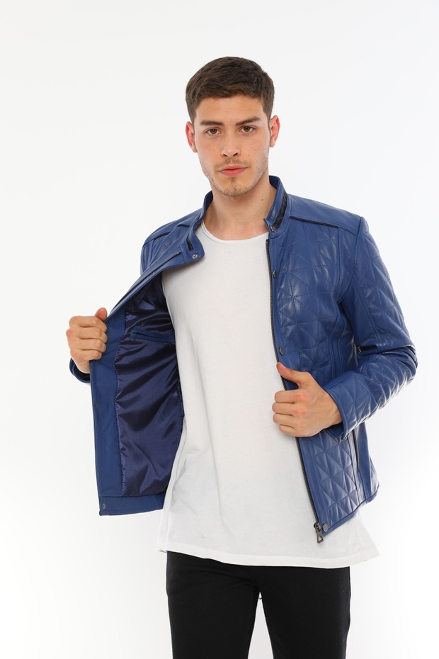 Kapitone Desenli Şeritli Mavi Deri Mont-E02 - 4