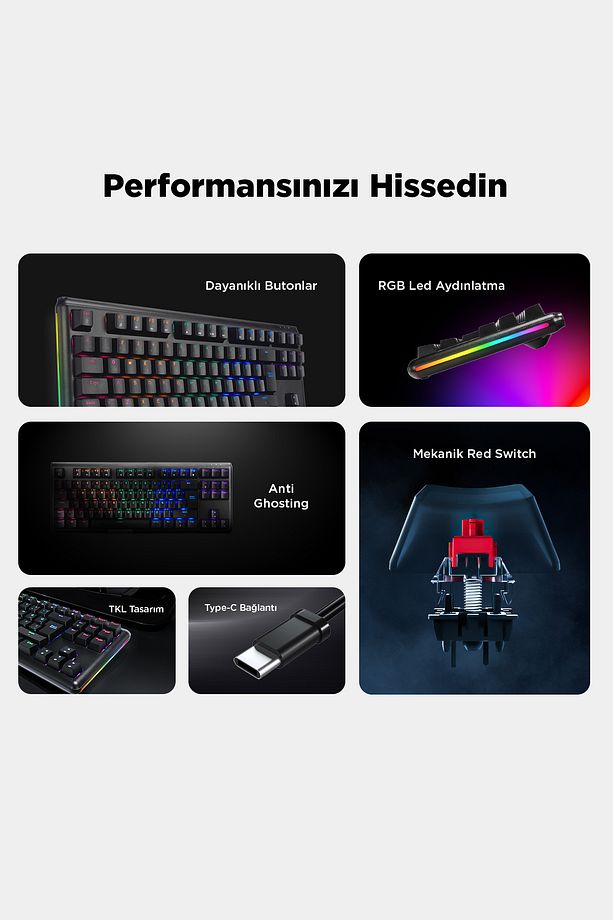 Claw Red Switch Rgb Q Mekanik Klavye Gaming Klavye Oyuncu Klavyesi TKL Klavye Antighosting Kompakt - 8