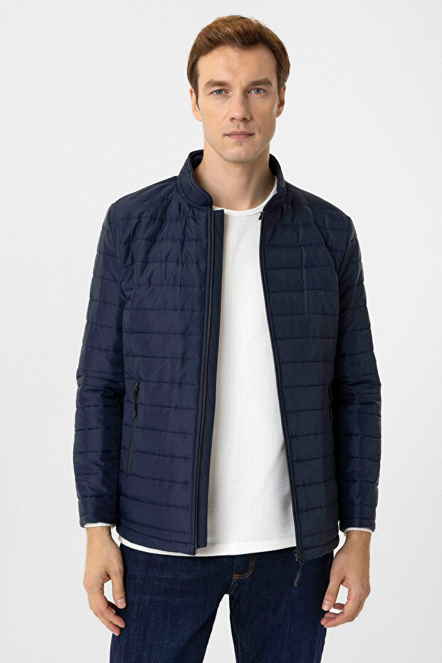 Slim Fit Rail Pattern Quilted Coat - 4
