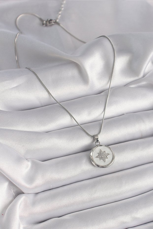 Silver Color Chain White Pearlescent Star Embroidery Women's Necklace (316L Steel)