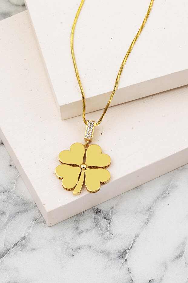 Dört Yapraklı Yonca Kolye 14 Ayar Büyük Boy - 6