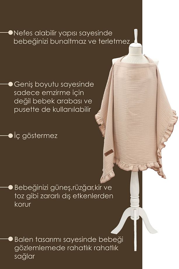 Müslin Bebek Emzirme Örtüsü/Önlüğü; Puset, Bebek arabası örtüsü, Extra Büyük, Ruffle Seri, Kapiçino - 5