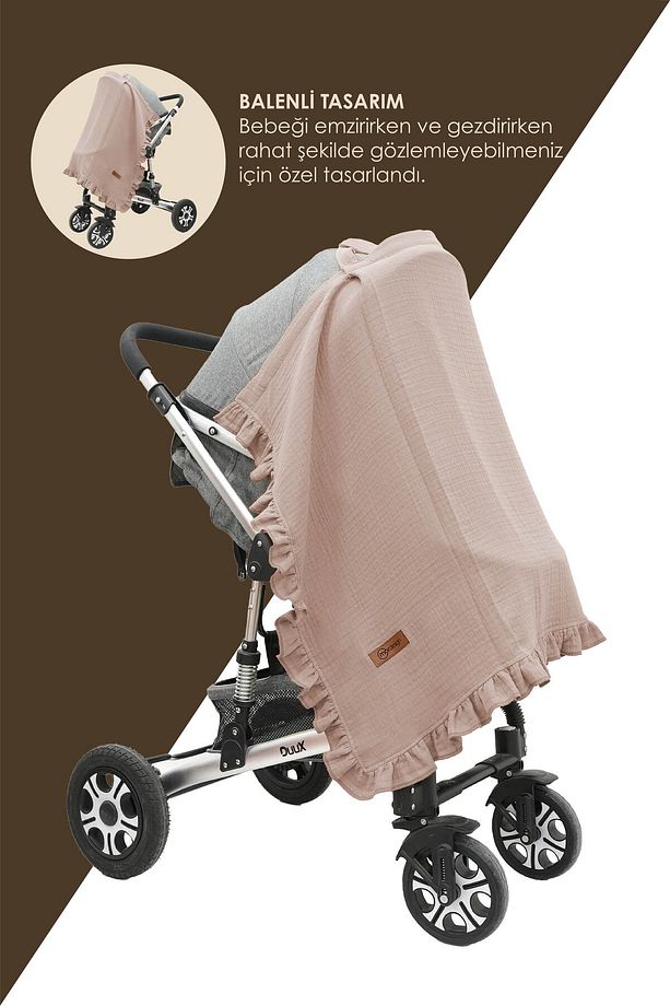 Müslin Bebek Emzirme Örtüsü/Önlüğü; Puset, Bebek arabası örtüsü, Extra Büyük, Ruffle Seri, Kapiçino - 3