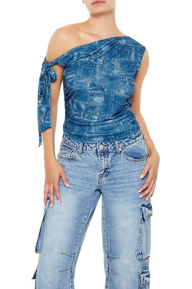Denim Desenli Tek Omuzlu Bluz - 2
