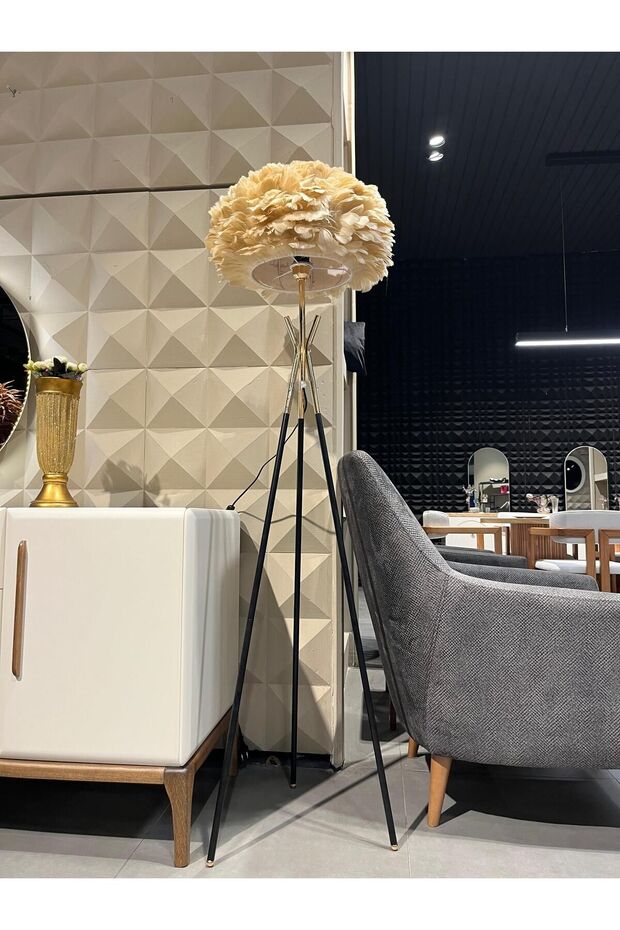 Gerçek Kuş Tüyü Modern Tripod Anka Lambader Bal Köpüğü - 2