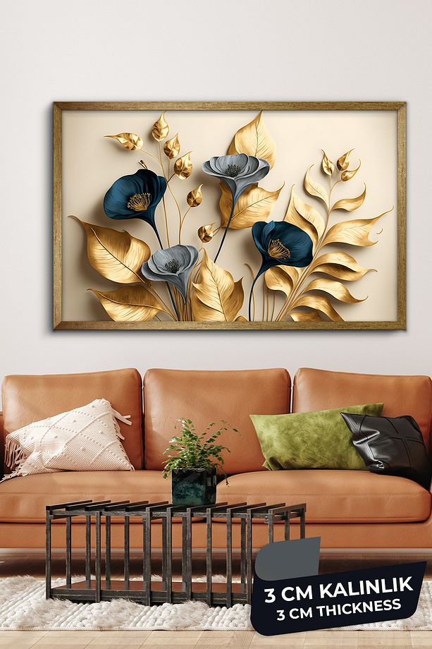 Zarif Altın ve Mavi Çiçekler ile Dallar Tek Parça Gold Çerçeveli Kanvas - Canvas Tablo - 2