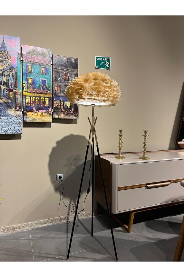 Gerçek Kuş Tüyü Modern Tripod Anka Lambader Bal Köpüğü - 6