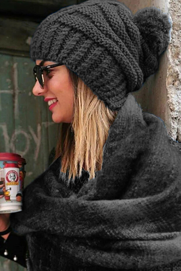 Kadın Örgü Model Ponponlu Triko Antrasit Bere - 1