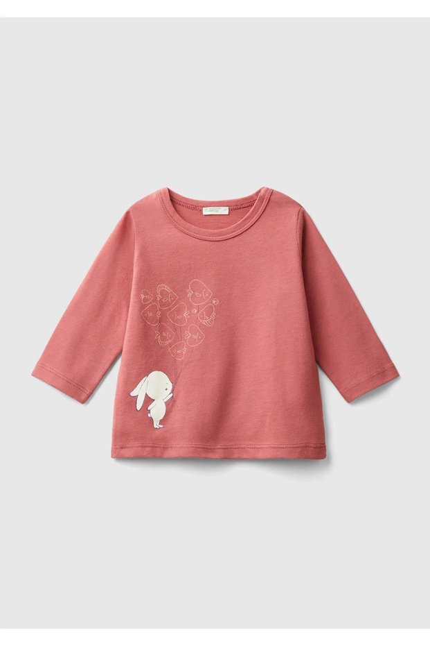Baby Dusty Rose Front Water Printed Omzu Long Sleeve T-Shirt with Hidden Snap Fasteners