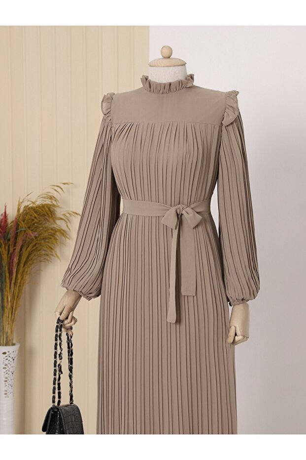 Dress with Robe on the Front, Pleated Sleeves and Size - Mink