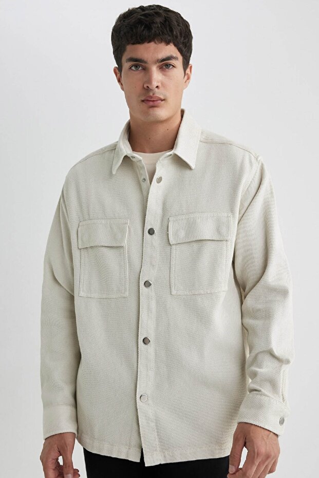 Relax Fit Polo Collar Snap Closure Pocketed Long Sleeve Shirt Jacket A5329Ax23Au