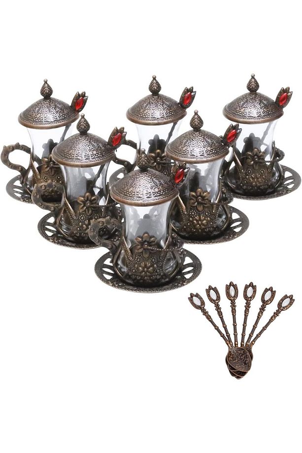 Çay Seti Bardağı Osmanlı Motifli Kaşıklı Çay Sunum Seti Türk Çay Bardak Seti 6 Lı Bakır - 2