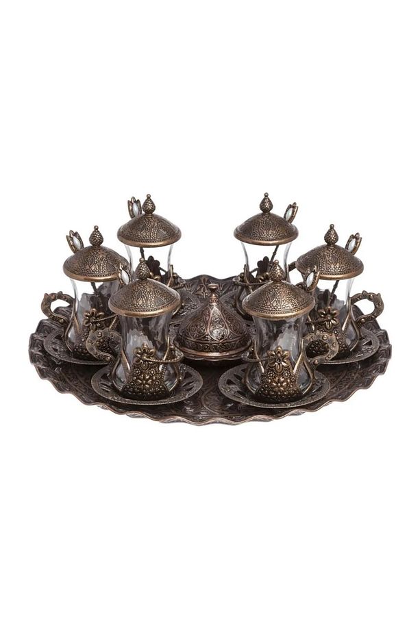 Çay Seti Bardağı Osmanlı Motifli Kaşıklı Çay Sunum Seti Türk Çay Bardak Seti 6 Lı Bakır - 1