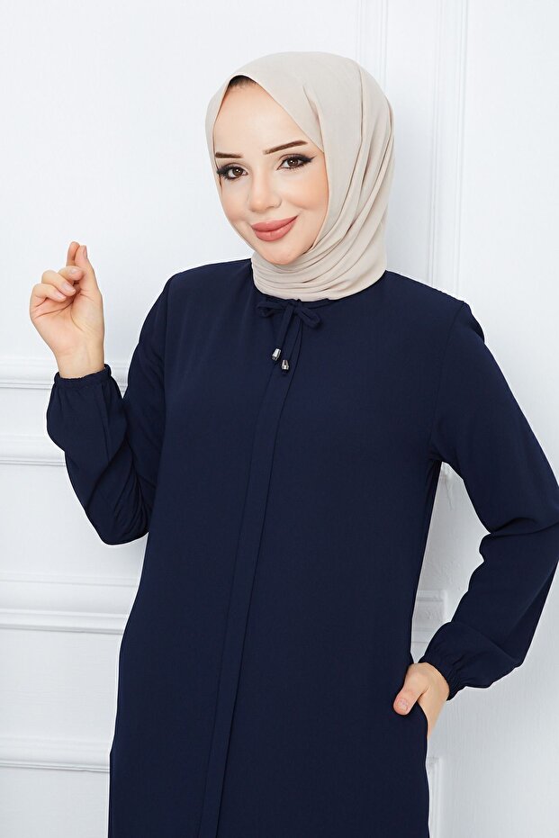 Hijab Clothing Crepe Fabric Ferace Collar Lace-up Navy Blue
