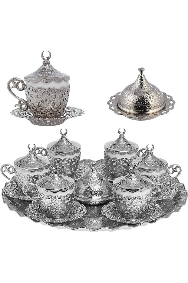 Coffee Presentation Set Arabic Coffee Cup Turkish Coffee Cup Gelincik Set of 6 Porcelain (Silver)