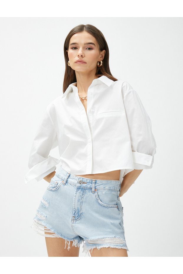 Crop Poplin Shirt Long Sleeve Pocket Detailed