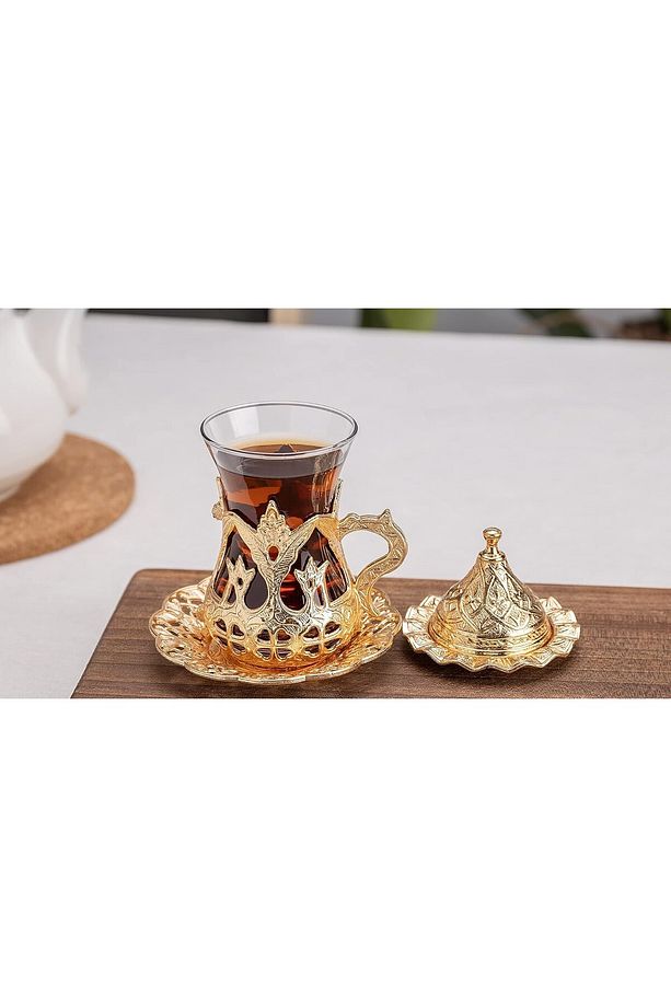 Çay Bardağı Osmanlı Motifli Kaşıklı Çay Seti Türk Çay Bardağı Seti 6 Lı Set - 2