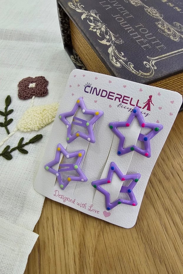 Set of 4 Cute Dotted Star Snap Hair Clips Purple Lilac - Colorful Star Girls' Snap Hair Clips