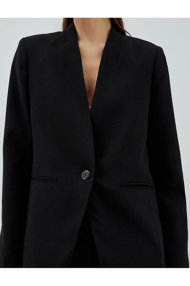 Yakasız Blazer Ceket Tek Düğmeli Cep Detaylı - 5