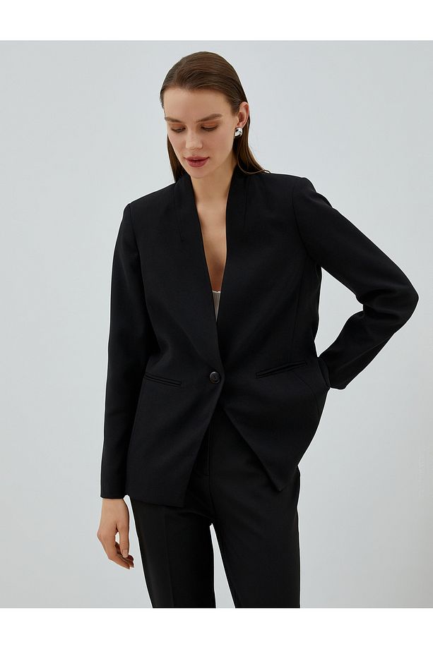 Yakasız Blazer Ceket Tek Düğmeli Cep Detaylı - 3