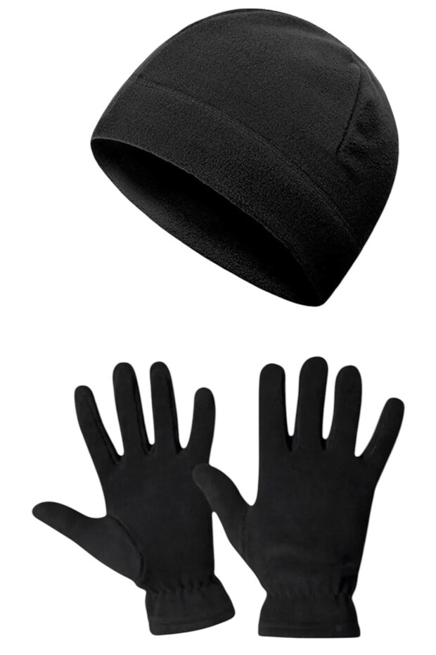 Unisex Black Thermal Winter Quality Fleece Beanie and Neck Collar Set